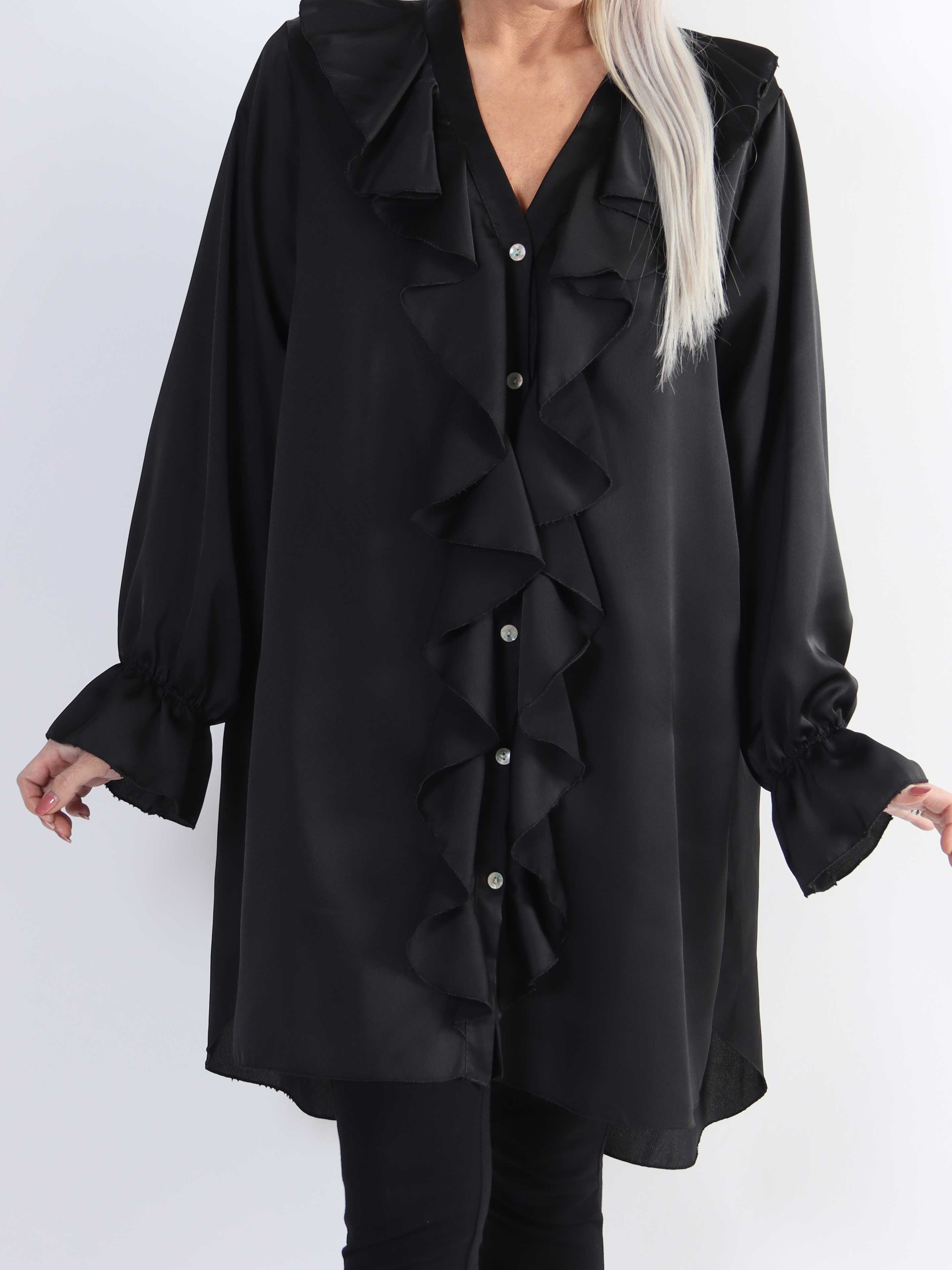 Abira - Plain plus size skjortekjole i silkelook med flæser
